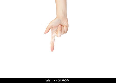 Pointing finger: Down on white isolated background Stock Photo