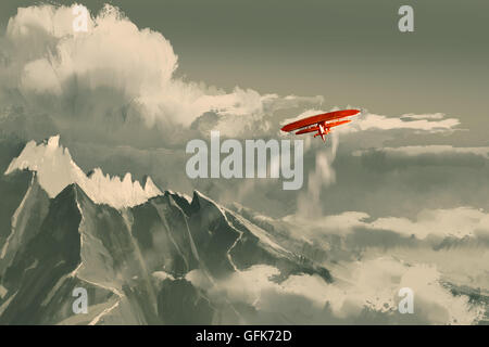 red biplane flying over mountain,illustration,digital painting Stock Photo