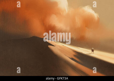 sandstorm in desert and hiking man,illustration,digital painting Stock Photo