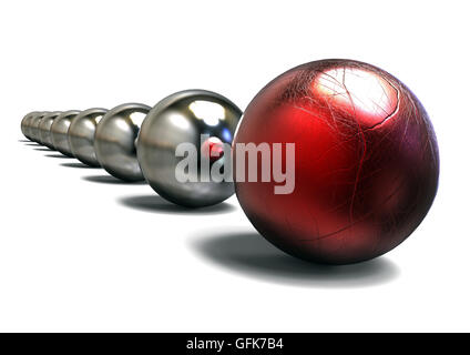 3D render image of a row of sphere representing an experienced Leader with battle scars Stock Photo