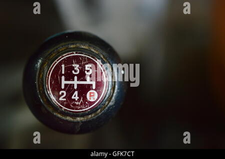 closed-up old car's gear change lever five speeds gear stick selective focus Stock Photo