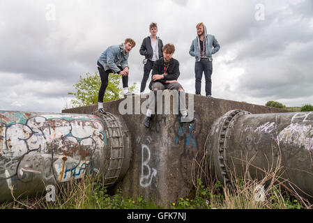 The boys of band Viola Beach at Fiddlers Ferry. L to r. Jack Dakin, River Reeves, Kris Leonard and Tom Lowe. Penketh. Warrington Stock Photo