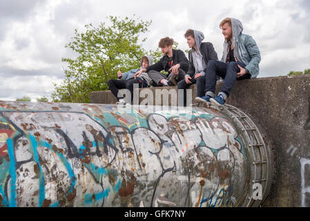 The boys of band Viola Beach at Fiddlers Ferry. L to r. Jack Dakin, Kris Leonard, River Reeves, and Tom Lowe. Penketh. Warringto Stock Photo