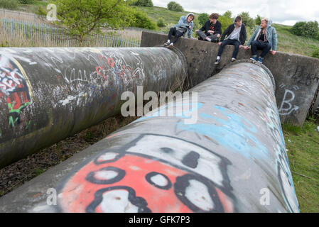 The boys of band Viola Beach at Fiddlers Ferry. L to r. Jack Dakin, Kris Leonard, River Reeves and Tom Lowe. Penketh. Warrington Stock Photo