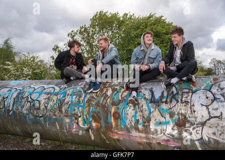 The boys of band Viola Beach at Fiddlers Ferry. L to r. Kris Leonard, Tom Lowe, Jack Dakin, and River Reeves.    Penketh. Warrin Stock Photo