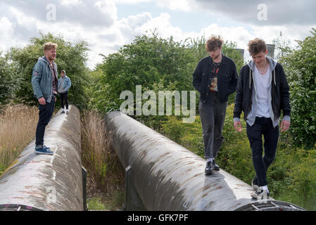 The boys of band Viola Beach at Fiddlers Ferry. L to r. Tom Lowe, Jack Dakin, Kris Leonard and River Reeves. Penketh. Warrington Stock Photo