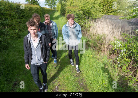 The boys of band Viola Beach at Fiddlers Ferry.L to r. River Reeves, Kris Leonard, Tom Lowe,  and Jack Dakin. Penketh. Warringto Stock Photo