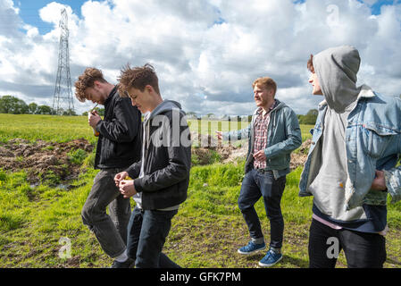 The boys of band Viola Beach at Fiddlers Ferry.L to r. Kris Leonard, River Reeves,  Tom Lowe,  and Jack Dakin. Penketh. Warringt Stock Photo