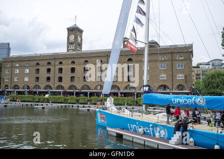 London, UK. 1st August, 2016. UNICEF's clipper at St Katharine Dock / The Race for Your Life - London UK - 1st August 2016 Credit:  Alberto Pezzali/Alamy Live News Stock Photo