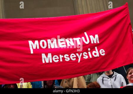 Liverpool, Merseyside, UK. 1st August 2016. Jeremy Corbyn addresses rally.  A tired looking Jeremy Corbyn attends a party rally in the Labour heartland of Liverpool, Merseyside.  Only a thousand or so Corbyn supporters sprouting torn cardboard slogans showed up on the steps outside St' Georges Hall.   If these hardcore voters were expecting a statesman to appear, they were sadly disappointed. Credit:  Cernan Elias/Alamy Live News Stock Photo