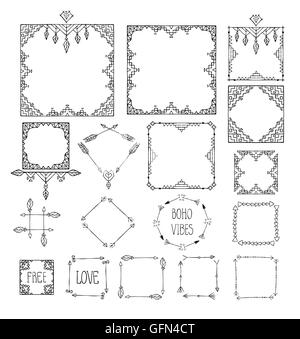 Monochrome boho tribal set of frames isolated in white background. Stock Vector