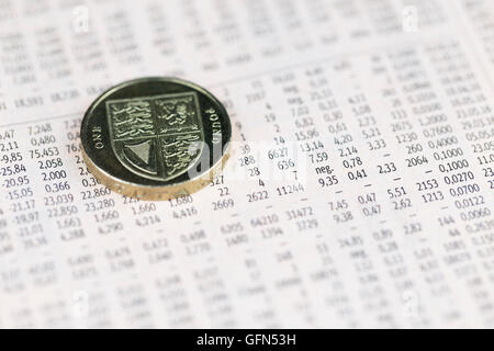 British pound coin over share prices, economy concept Stock Photo