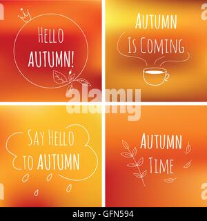autumn typography elements on orange blurred background with motivation text. Inspiration quote with doodle drowing for web design, greetings and posters Stock Vector