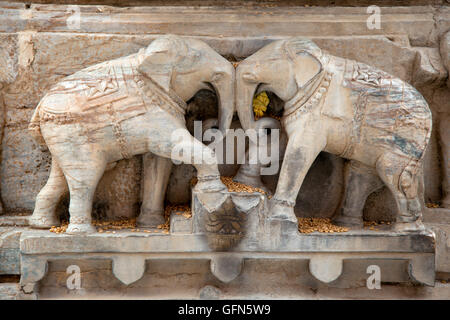 Two stone carvings of elephants are seen at the Jagdish Hindu Temple in Udaipur, Rajistan, India. Stock Photo