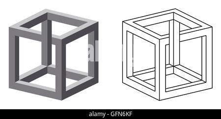 Impossible cube optical illusion. Also known as irrational cube an impossible object invented by M.C. Escher. Stock Photo