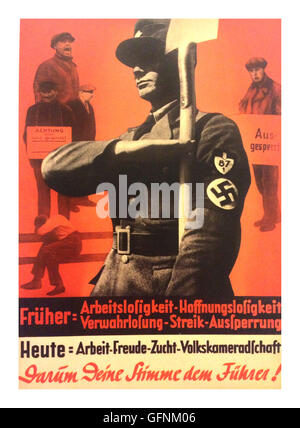1937 NSDAP ADOLF HITLER propaganda poster, featuring a Nazi Party member in uniform wearing a swastika armband, saluting as he is holding up a shovel, with unemployed or striking workers in the background. 'On March 29, vote for Adolf Hitler, who will end unemployment and civil strife in Germany' Stock Photo