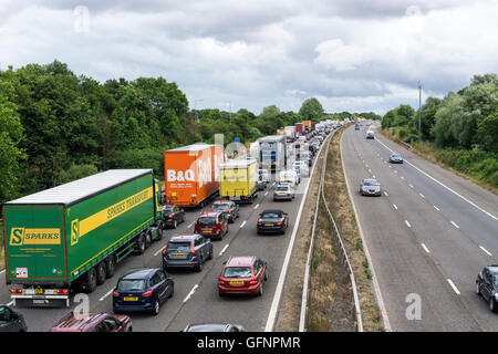 Traffic queuing on M5 leaving the West Country near Taunton. View is to east.