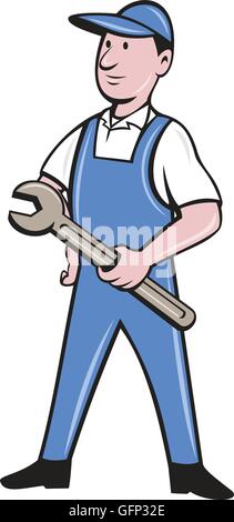 Illustration of a repairman handyman worker standing wearing hat and overalls holding spanner wrench looking to the side viewed Stock Vector