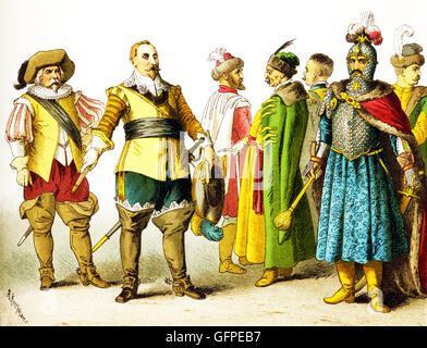 The figures shown here represent, from left to right, are: a Swede, Gustavus Adolphus (died 1632), three Poles, King John Sobiesky, and a Pole. The clothes, attire, and names all date to the 1600s.The illustration dates to 1882. Stock Photo