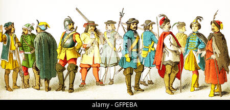 The figures shown here represent, from left to right, are: three Croats, an Austrian Cuirassier (1683), an Austrian infantry man (1670), an Austrian artillery man (1671), a Brandenburg Dragoon (1688), a Brandenburg Infantry man (1683), and four Polish men. The clothes, attire, and names all date to the 1600s.The illustration dates to 1882. Stock Photo