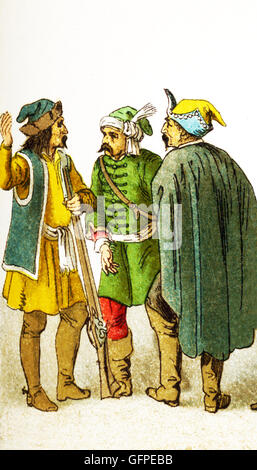 The figures shown here represent, from left to right: three Croats in the 1600s.The illustration dates to 1882. Stock Photo