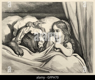 ‘“Oh, Granny, your teeth are tremendous in size!” “They’re to eat you!” – and he ate her!’ from ‘Little Red Riding Hood’ by Paul Gustave Doré (1832-1883). Stock Photo