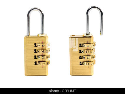 Brass combination padlock cut out on white Stock Photo