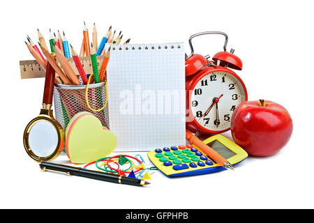 Group of school supplies and books over a white background Stock Photo
