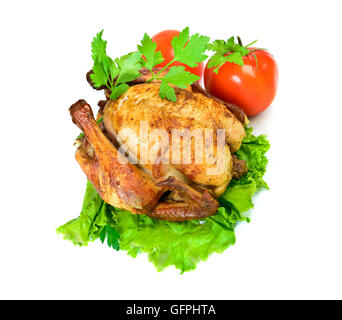 Grilled chicken with herbs and vegetables isolated on white. Top view Stock Photo