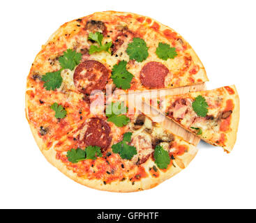 Home made pizza and cutting slice top view Stock Photo