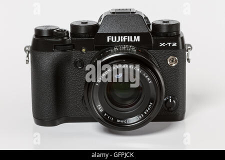 FUJIFILM X-T2, 24 megapixels, 4K video mirrorless camera from front  on white background Stock Photo