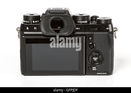 FUJIFILM X-T2, 24 megapixels, 4K video mirrorless camera from back on white background Stock Photo