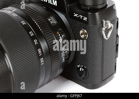 detail on  FUJIFILM X-T2, 24 megapixels, 4K video mirrorless camera fon white background Stock Photo