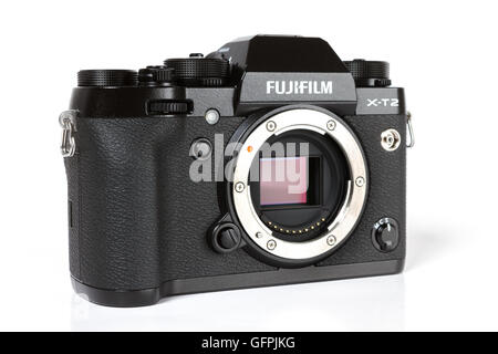 FUJIFILM X-T2, 24 megapixels, 4K video mirrorless camera with sible APS-C sensor on white background Stock Photo