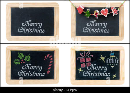 Photo collage of Merry Christmas greeting on vintage chalkboard frames isolated on white Stock Photo