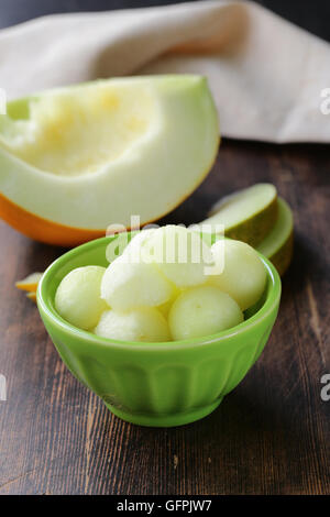 sweet ripe sliced melon balls in a bowl Stock Photo