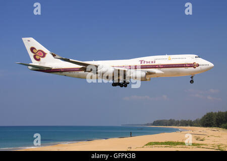 Phuket/Thailand Februar 9, 2017: Boeing 747 from Thai landing at Phuket Airport. Stock Photo