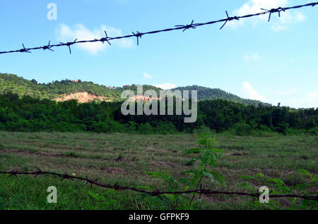 View through a barbwire fence in Thailand onto a green pasture Stock Photo