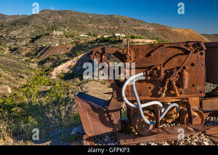 Rocker shovel and dragline, 1930's mining equipment on display, Douglas Mansion in dist, town of Jerome in Verde Valley, Arizona Stock Photo