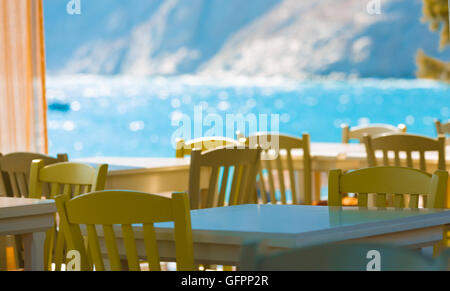 table in the restaurant on the sea background Stock Photo