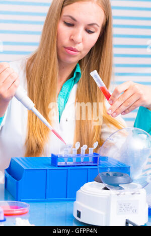 laboratory assistant analyzing a blood sample Stock Photo