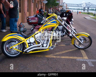 Bikers at Natchez under the Hill by the mighty Mississippi River Stock Photo