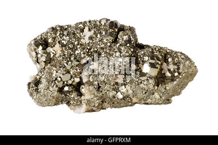 Pyrite on white background, also known as iron pyrite and fools gold, is an iron sulfide with the chemical formula FeS2. Stock Photo