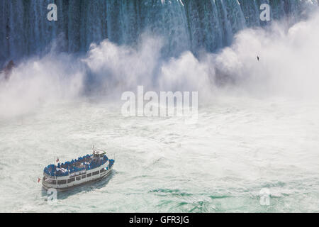 Niagara-Falls, Ontario, Canada - July 5, 2015: View of a tour boat, Maid of the Mist, navigating near the horseshoe falls in Nia Stock Photo