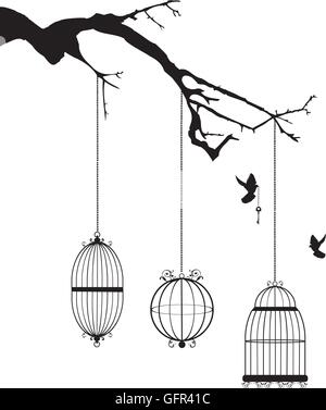 vector illustration of tree branch with bird cages and doves Stock Vector