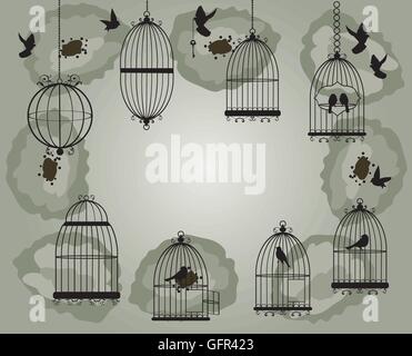 vector illustration of vintage floral cages with birds Stock Vector ...
