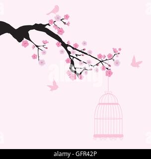 vector illustration of cherry blossom branch with birds Stock Vector