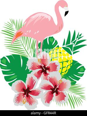 vector illustration of a flamingo with tropical flowers and pineapple Stock Vector