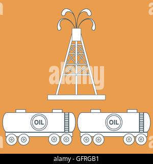 Stylized icon of the equipment for oil production and tanks with oil on a colored background Stock Vector