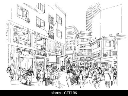 sketch of crowd of people in shopping street Stock Photo